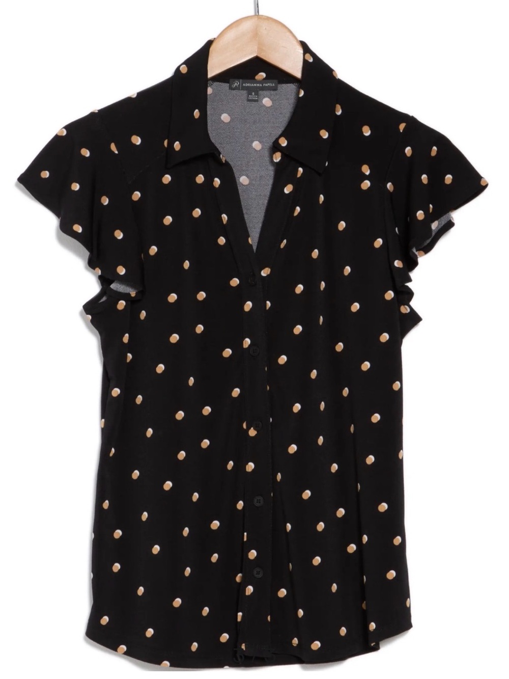 NWT Adrianna Papell Flutter Sleeve Knit Button-Up Shirt Black  Size XS